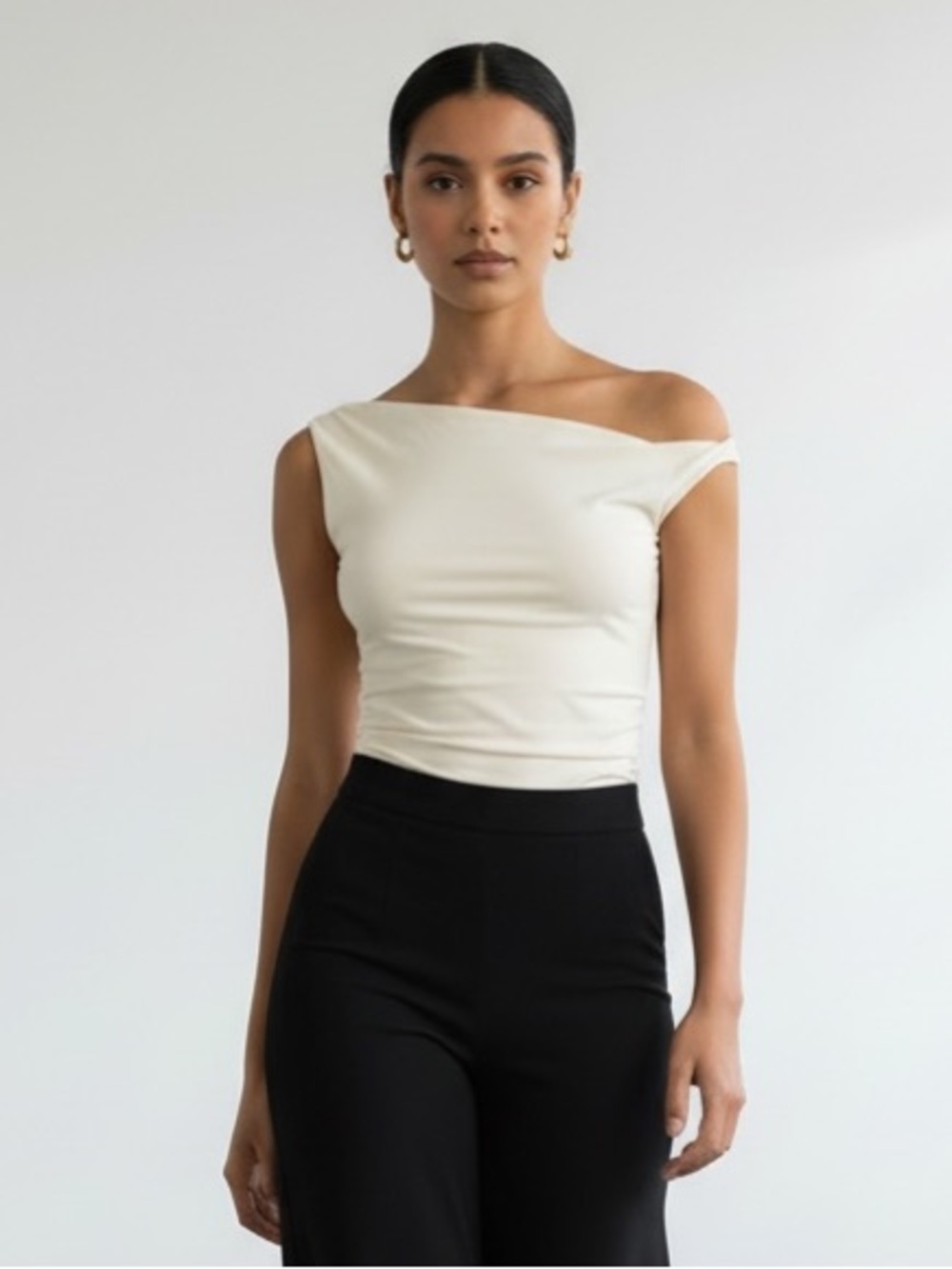 1432  • Cream Stretch Asymmetrical One Shoulder Ruched Sides Stretch Top